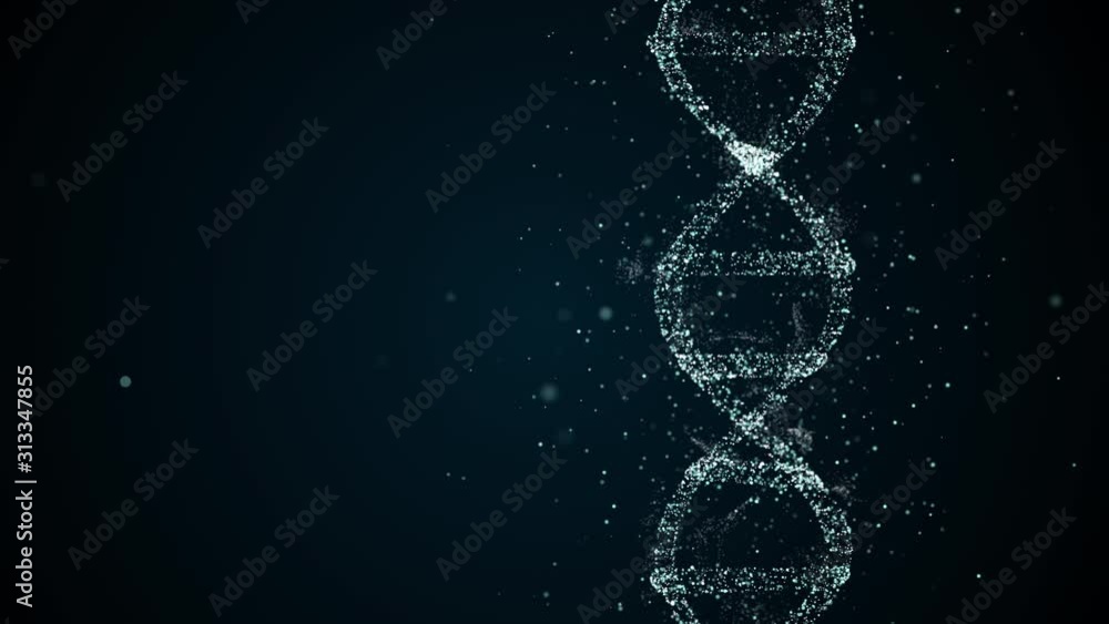 Poster abstract glittering dna helix with depth of field rotating over dark space background, then fades aw
