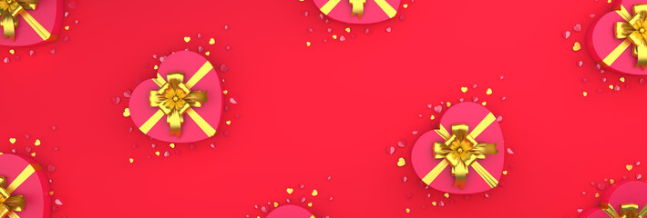 Happy Valentines Day, opened heart shape gift box  gold ribbon, confetti glitter on red background. Greeting card, flat lay, banner, top view, copy space text wide area. 3D rendering illustration.