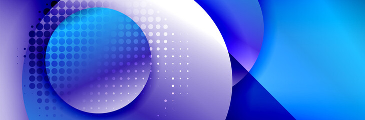 Dynamic trendy geometrical abstract background. Circles, round shapes 3d shadow effects and fluid gradients. Modern overlapping round forms