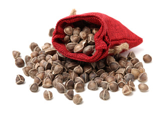 Organic Wingless Moringa (Moringa oleifera) seeds on white background