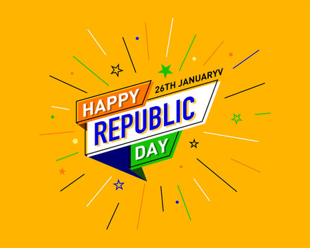 26th January. Happy Republic Day of India Concept, Template, Banner, Logo Design, Icon, Poster, Unit, Label, Web Header, Mnemonic with Celebration yellow Rays Background - Vector, illustration.