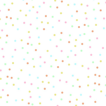 Colorful polka dots pattern on white background.