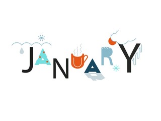 Hand drawn lettering Hello January for winter invitation card, banner
