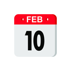 february 10 - Red calendar Icon. Calendar Icon with shadow. Flat style. Date, day and month. Reminder. Vector illustration. Organizer application, app symbol. Ui. User interface sign