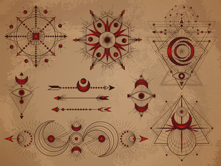 Vector set of Sacred symbols with moon, eye, arrows and geometric figures on old paper background. Abstract mystic signs collection.
