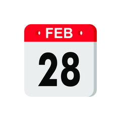 february 28 - Red calendar Icon. Calendar Icon with shadow. Flat style. Date, day and month. Reminder. Vector illustration. Organizer application, app symbol. Ui. User interface sign