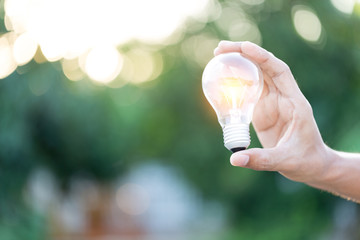 Hand holding light bulb,energy sources for renewable,natural energy concept.