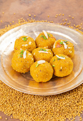 Indian Traditional Winter Sweet Food Methi Laddu Also Know as Methi Ke Laddu or Fenugreek Laddu Made From Fenugreek Seeds, Ginger, Saunf And Jaggery