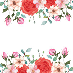 frame of roses with branches and flowers decoration vector illustration design