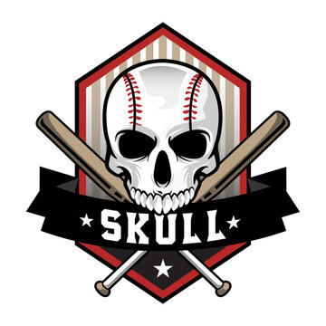 stock vector baseball emblem with skull and bat. sports logo illustration