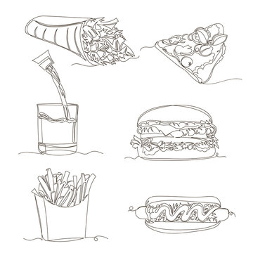 fast food. vector linear image of junk food. set of contour pictures. one line