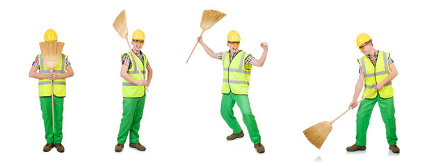 Funny janitor with broom isolated on white