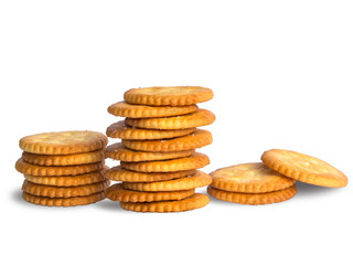Cheese cracker biscuits isolated on white background. diet food concept.