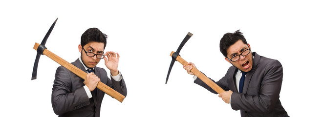 Young businessman holding a tool isolated on white