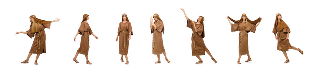 Woman wearing medieval arab clothing on white