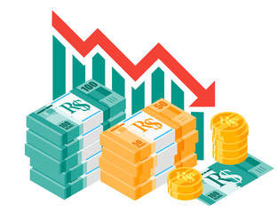 Brazilian Real Exchange Rate Stock Market Value Price Decrease down vector icon logo design. Brazil currency, business, finance and economy element.  Can be used for web, mobile, infographic & print.