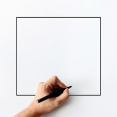 closeup of man's hand is holding a pen showing writing gestures on a white blank background. top...
