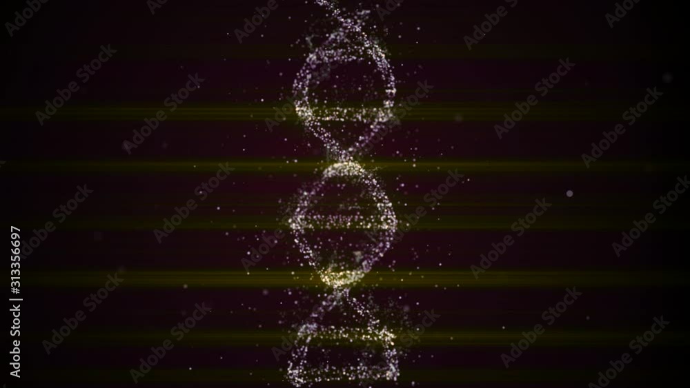 Poster abstract representation of digital binary dna molecule over space darkness in lightrays grid.