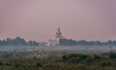 Naklejka na ściany i meble The large Buddha statue was built in the midst of a swamp and fog floated on the ground.