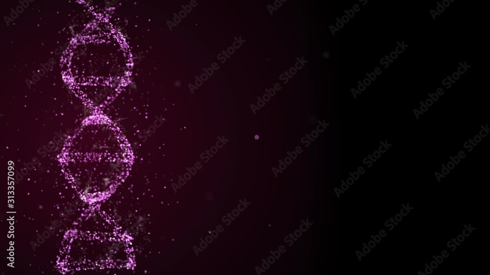 Poster abstract glittering dna helix with depth of field rotating on the side of dark space background, emi