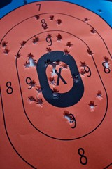 Gun range target with bullet holes,selective focus,oblique angle