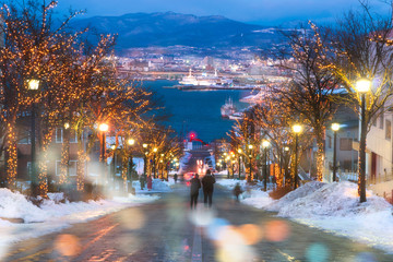Fototapeta na wymiar Hachimanzaka famous romantic destination of tourist and traveller on winter.