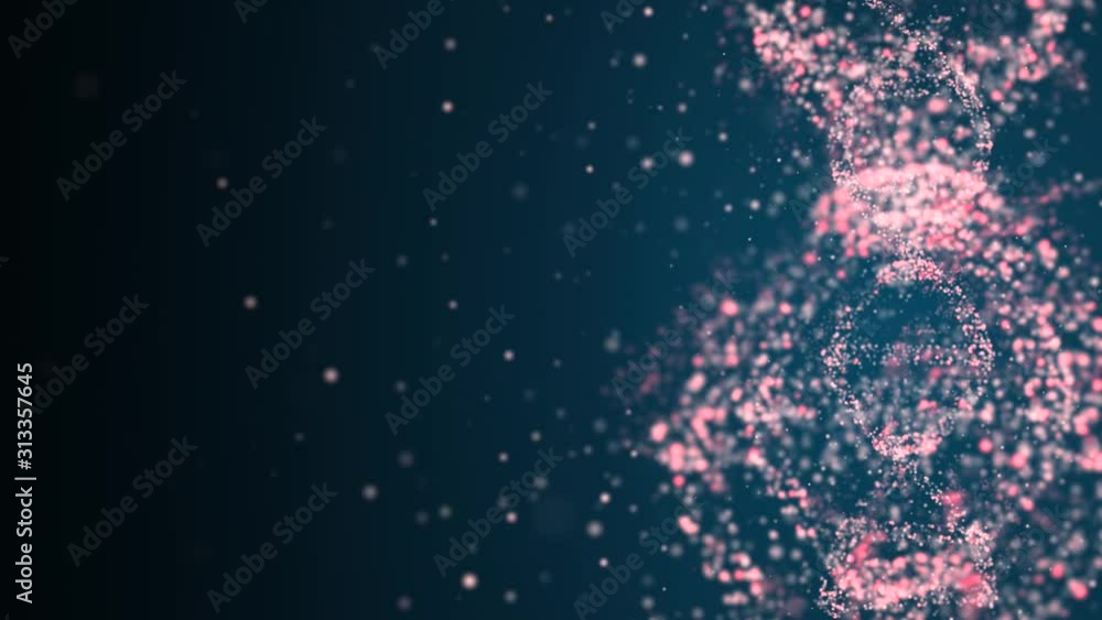 Poster artificial dna structure with shining light particles on dark artistic cyberspace background.