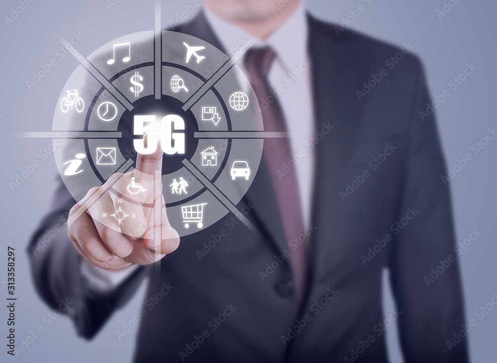 Poster businessman touch infographic of fifth generation wireless technology for digital cellular networks 