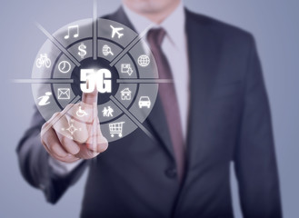Businessman touch infographic of fifth generation wireless technology for digital cellular networks or 5G which it will change high speed of internet and transfer big data of the world.