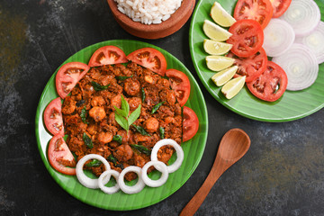 Prawns roast or shrimp fry, spicy fish curry Kerala South India. 