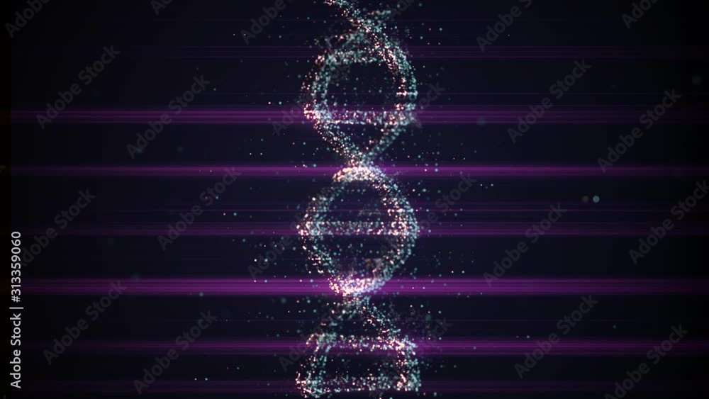 Aufkleber dna molecule sequence of abstract particles on dark space background crossed by light laser streaks.