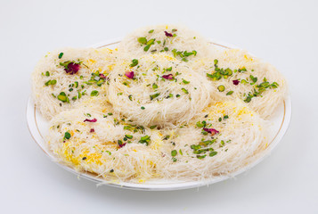 Indian Traditional Sweet Food Desi Ghee Ki Pheni Also Know as Sutarfeni, Firni, Seviyan, Laccha, Feni or Fini maid from maida, Sugar and Flavour