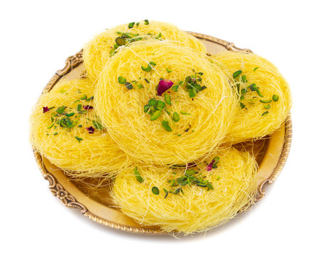 Indian Traditional Sweet Food Desi Ghee Ki Pheni Also Know as Sutarfeni, Firni, Seviyan, Laccha, Feni or Fini maid from maida, Sugar and Flavour