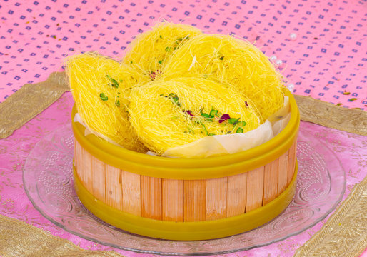 Indian Traditional Sweet Food Desi Ghee Ki Pheni Also Know as Sutarfeni, Firni, Seviyan, Laccha, Feni or Fini maid from maida, Sugar and Flavour