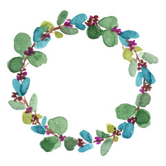 watercolor eucalyptus green leaves flower wreath isolated on white background with text space hand painted clip art element for greeting card, wedding, invitation, poster or graphic designs