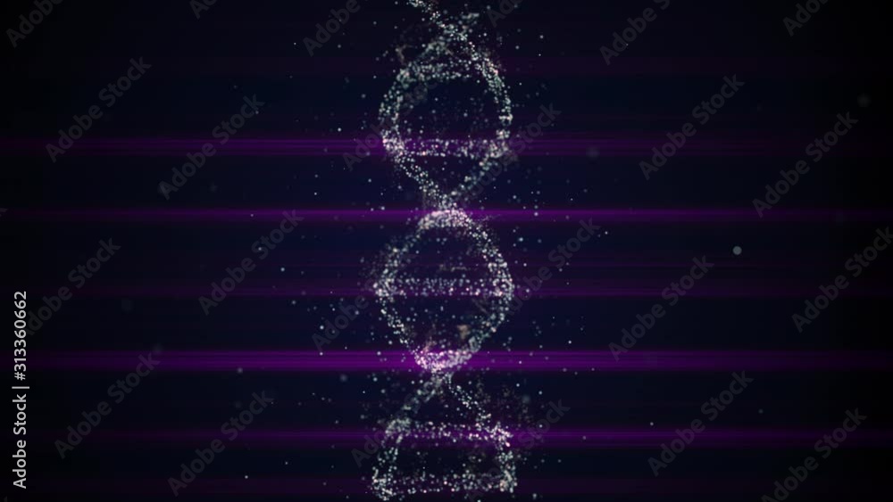 Poster dna molecule sequence of abstract particles changing colors on dark space background crossed by ligh