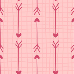 Vector Large heart arrow head on hand drawn stripes seamless pattern. Valentines Day, lovers