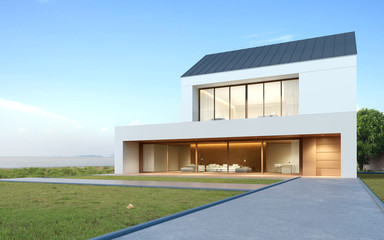 Perspective of modern luxury building with wood terrace and grass field on sea view background,double floor of housing with metal roof design. 3D rendering.