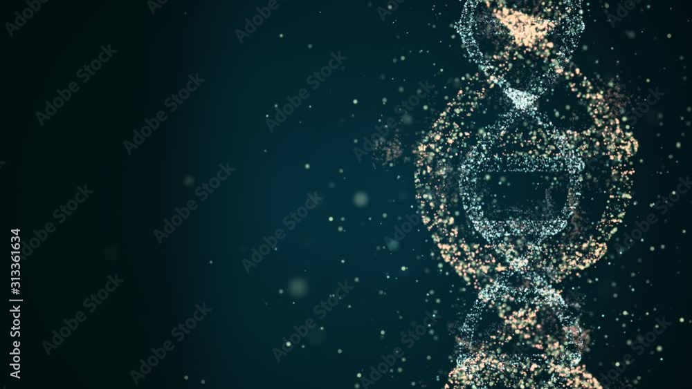 Poster dna evolution concept. loopable video of abstract particles forming a dna frame and spinning in spac