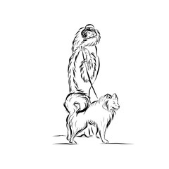 Elegant vintage woman with dog. Female modal dressed in 19th century style clothes. Old fashioned. Nostalgia time. Romantic victorian elegant people.  