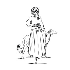 Elegant vintage woman with dog. Female modal dressed in 19th century style clothes. Old fashioned. Nostalgia time. Romantic victorian elegant people.  