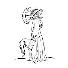 Elegant vintage woman with dog. Female modal dressed in 19th century style clothes. Old fashioned. Nostalgia time. Romantic victorian elegant people.  