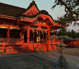 Japanese Shinto Shrine On the Sunset 3D Illustration