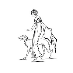 Elegant vintage woman with dog. Female modal dressed in 19th century style clothes. Old fashioned. Nostalgia time. Romantic victorian elegant people.  