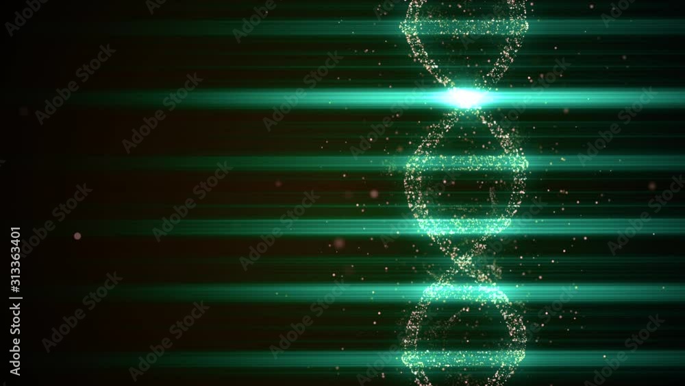 Poster virtual dna generated from abstract space dust is turning around illuminated by green light rays.