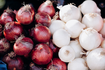 Lots of red and white onions. Background of red and white onions. Raw red and white onions