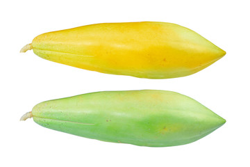 Fresh, unripe papaya, green and yellow isolated on the white background.