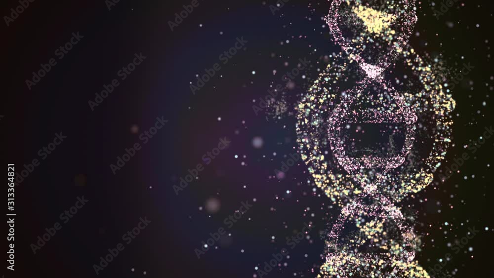 Poster dna evolution concept. loopable video of abstract particles forming a dna frame and spinning in spac