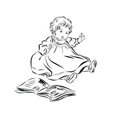 Little kid with opening book, vintage child, illustration for children's books