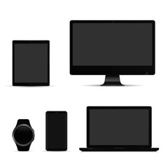Set of realistic computer monitor, laptop, tablet and mobile phone, smart watch with empty screen. on white background. Vector